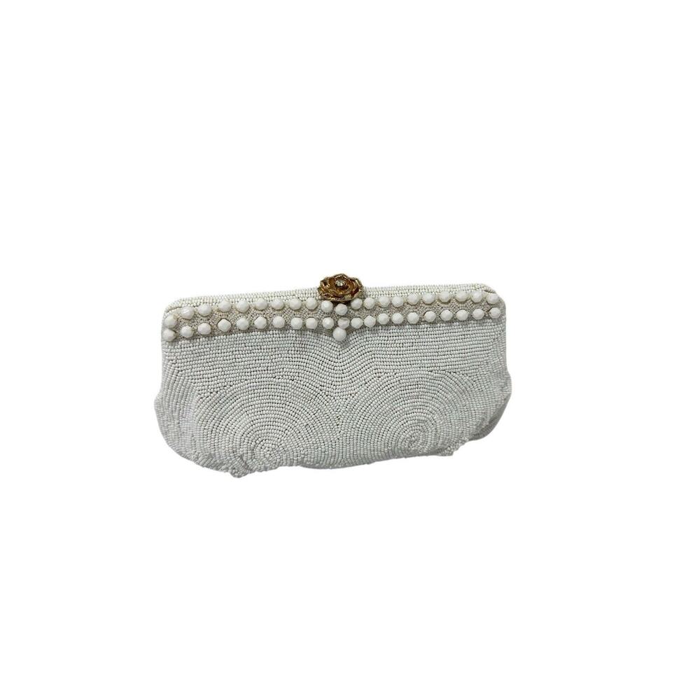 Vintage Saks Fifth Ave White Beaded Kiss Lock Clutch